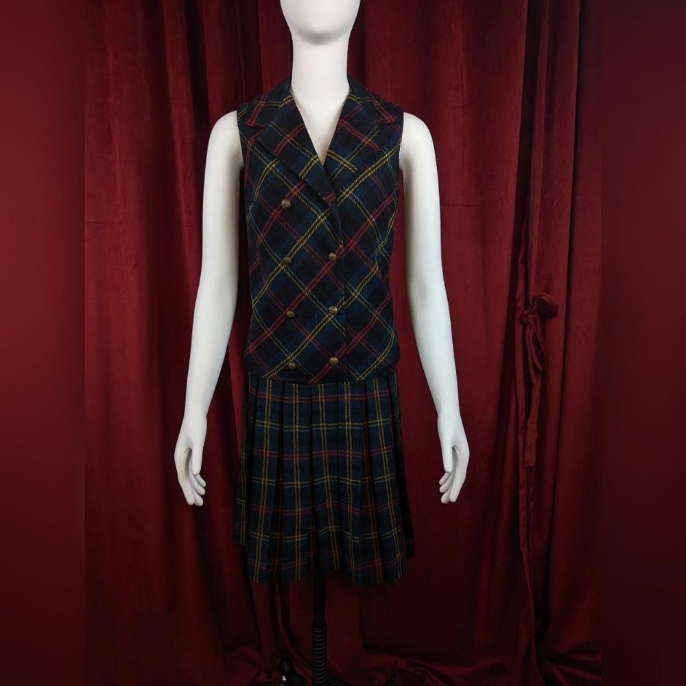 True Vintage Loomtogs Green, Red, & Yellow Tartan Plaid Drop Waist Dress